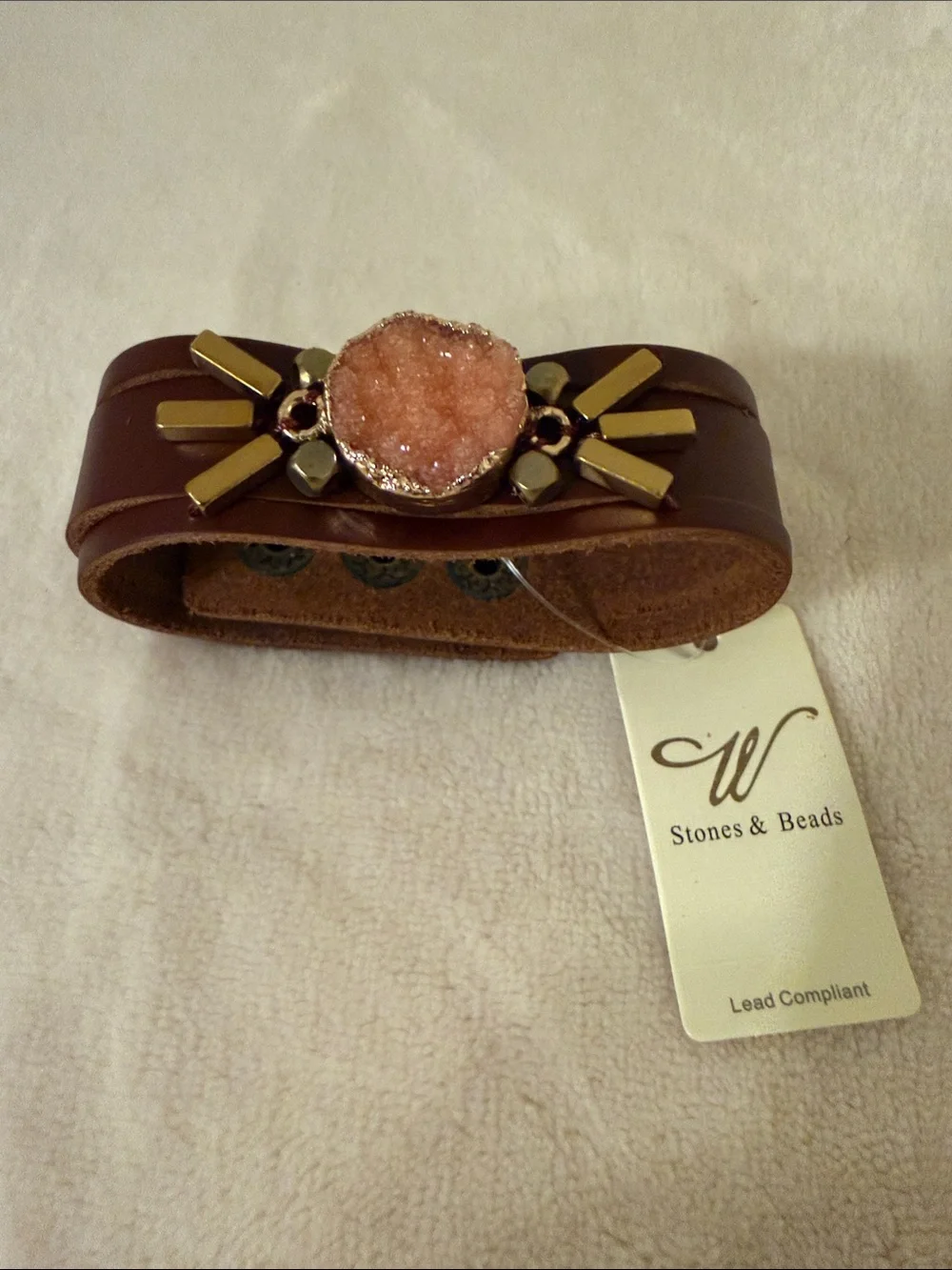 Peach Druzy Brown Leather Cuff adjustable Bracelet boho jewelry with stones